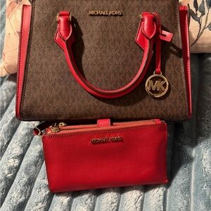 Michael Kors Brown Logo Satchel with Red Trim and Red Wallet